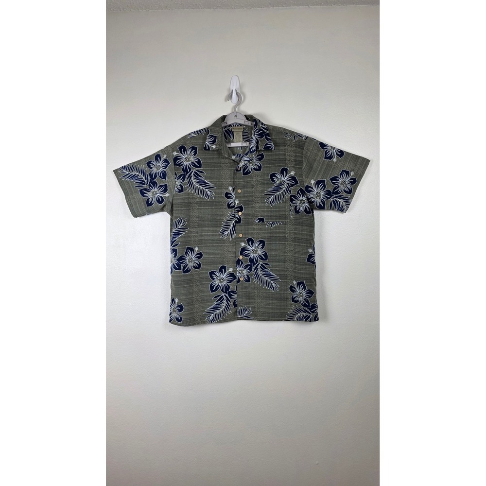 Extreme Gear Hawaiian‎ Shirt Mens L Olive Green Tropical Hibiscus Short Sleeve